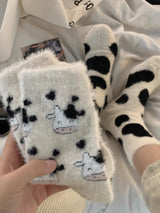 Cartoon Cute Cow Mink Velvet Socks Women Winter Soft Fleece Plush Warm Home Sleep Boot Socks Kawaii Y2K Furry Thermal Tube Sox