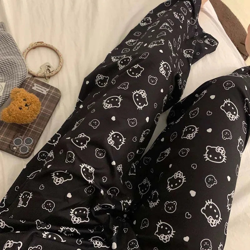 Sanrioed Anime Women Hello Kitty Pajama Pants Kawaii Kuromi Melody Spring Y2K Kt Loose Home Pants High Waist Casual Cotton Cute