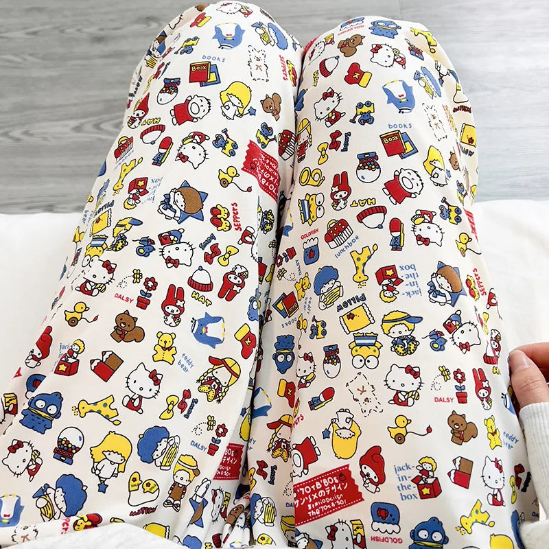 Sanrioed Anime Women Hello Kitty Pajama Pants Kawaii Kuromi Melody Spring Y2K Kt Loose Home Pants High Waist Casual Cotton Cute