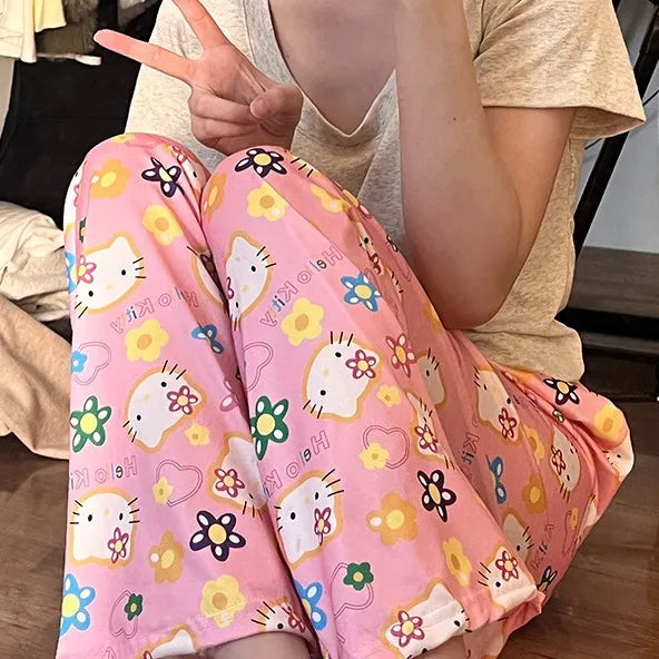 Sanrioed Anime Women Hello Kitty Pajama Pants Kawaii Kuromi Melody Spring Y2K Kt Loose Home Pants High Waist Casual Cotton Cute