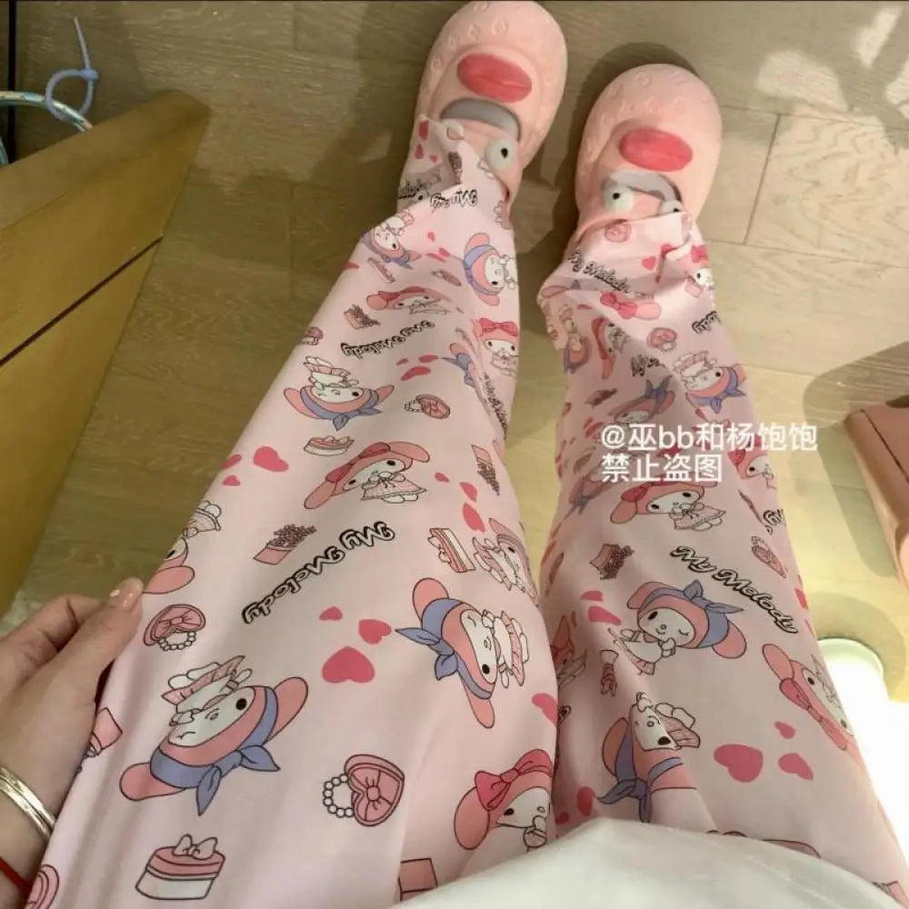 Sanrioed Anime Women Hello Kitty Pajama Pants Kawaii Kuromi Melody Spring Y2K Kt Loose Home Pants High Waist Casual Cotton Cute
